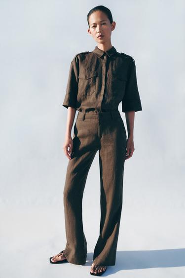 ZW COLLECTION FLARE LINEN TROUSERS - Mink by Zara
