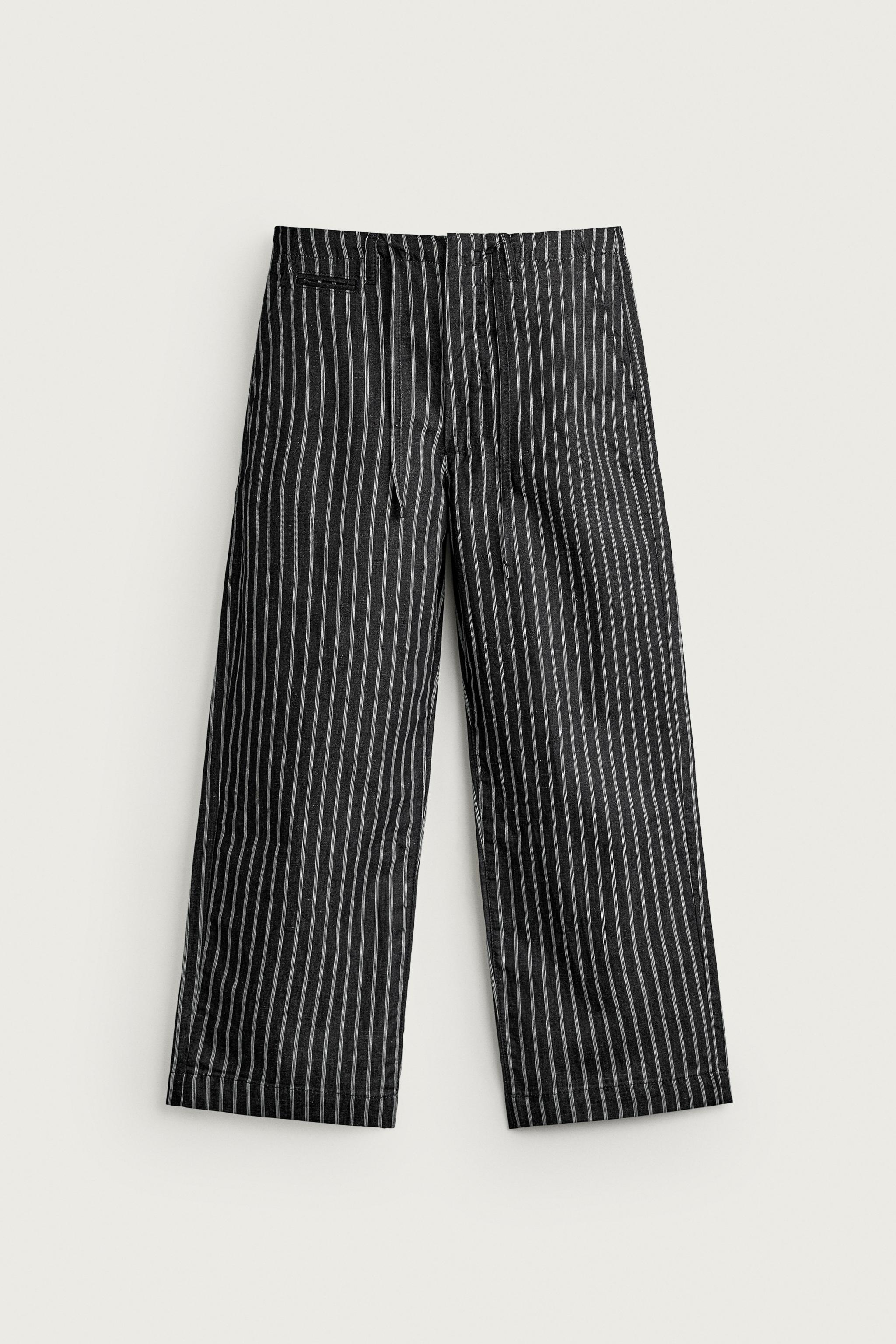STRIPED COTTON-LINEN DENIM PANTS — Blue / Black