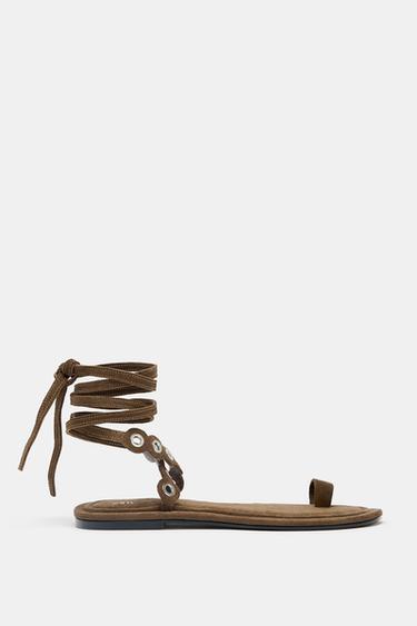 Zara LEATHER SANDALS WITH METAL EYELETS - Brown