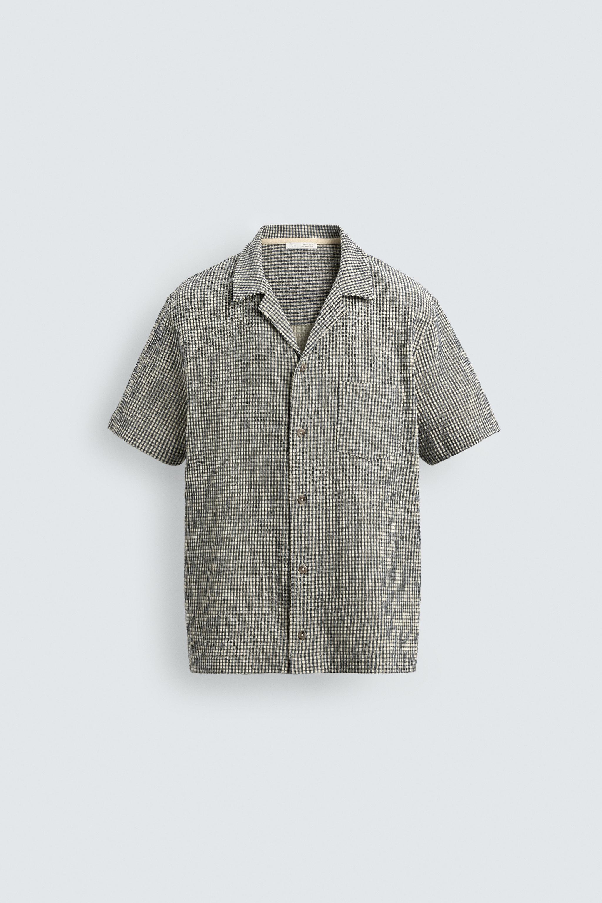 REGULAR FIT SEERSUCKER TEXTURED SHIRT — Ecru / Green