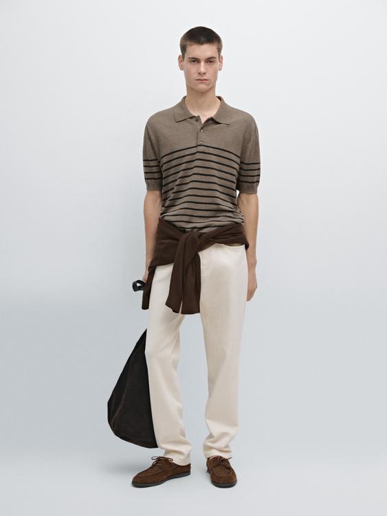 Short sleeve striped knit polo shirt