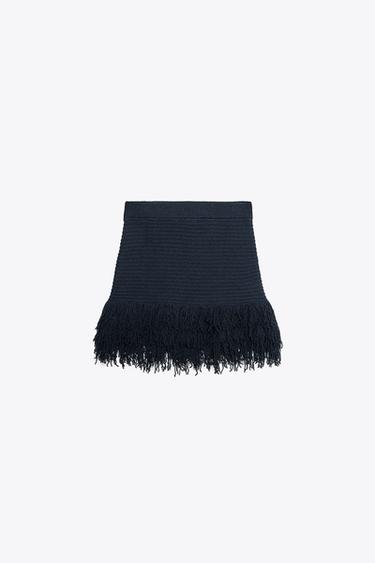 JUPE EN MAILLE À CARREAUX À FRANGES - Bleu marine de Zara - Image 2