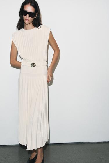 PLEATED MIDI DRESS WITH BELT - White by Zara - Image 4