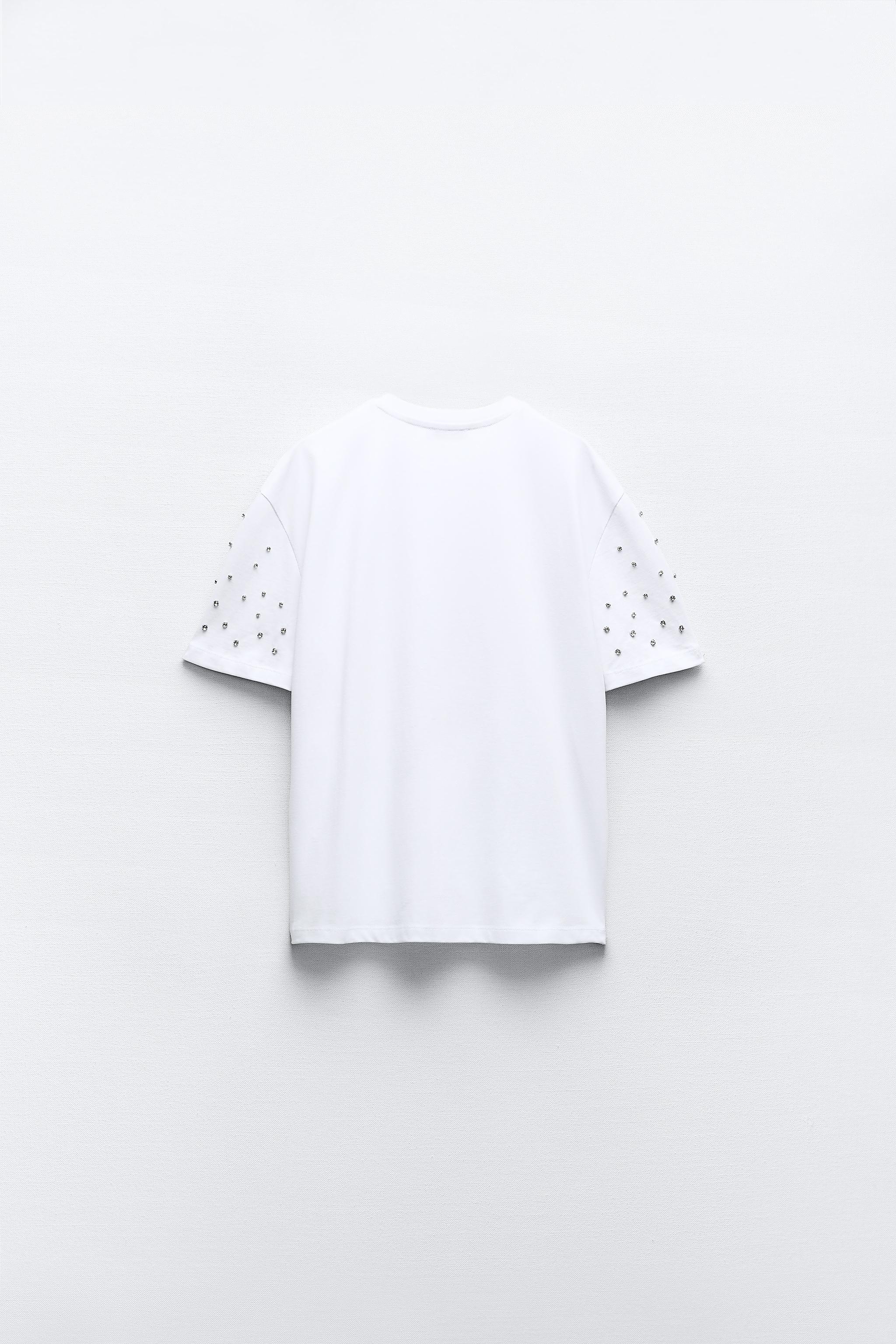 ラインストーンスリーブ Tシャツ - ホワイト | ZARA Japan / 日本