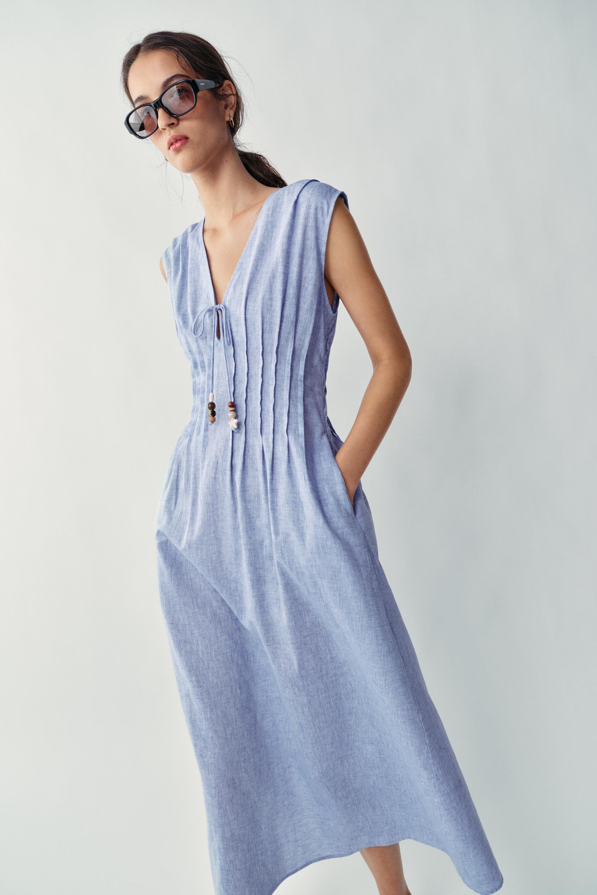 LINEN PINTUCK MIDI DRESS