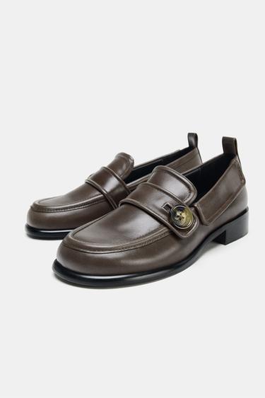 LEATHER LOAFERS WITH BUTTON DETAIL - Grey by Zara - Image 5