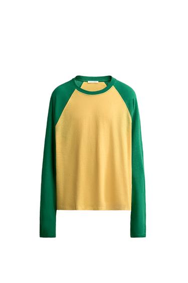 コットン＆リネン カラーブロックTシャツグリーンZaraのコットン＆リネン カラーブロックTシャツ - グリーン 
