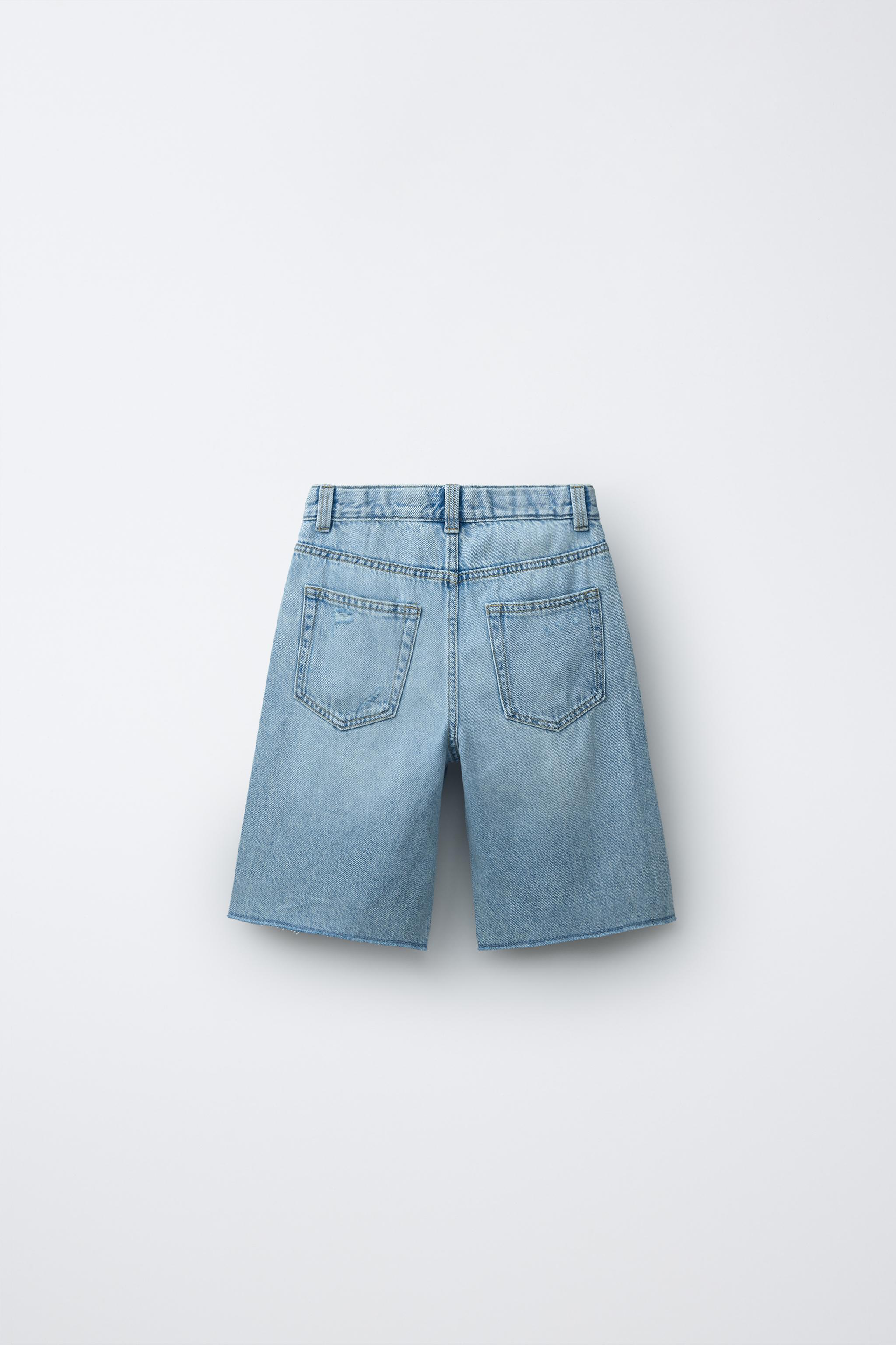 RIPPED WIDE-LEG DENIM BERMUDA SHORTS - Light blue | ZARA Singapore