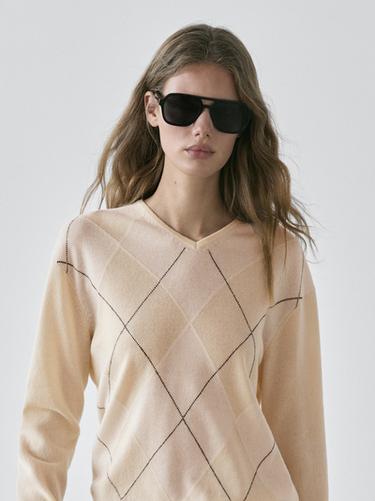 Zara Wool argyle knit sweater - Ecru