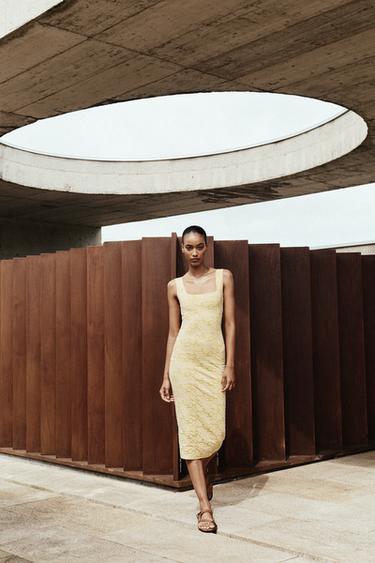STRETCH SQUARE NECK DRESS - Yellow by Zara