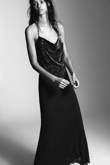 VESTIDO LARGO TERCIOPELO ABALORIOS - Plomo oscuro de Zara