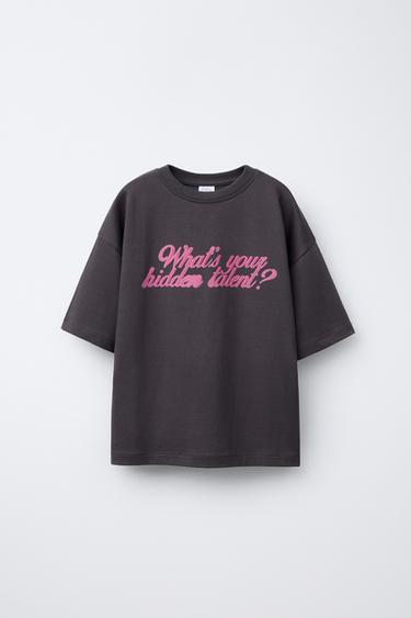 T-SHIRT WITH RAISED SLOGAN PRINT - Anthracite grey by Zara - Image 0