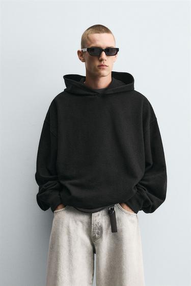 Zara TEXTURED HOODED SWEATSHIRT - Black