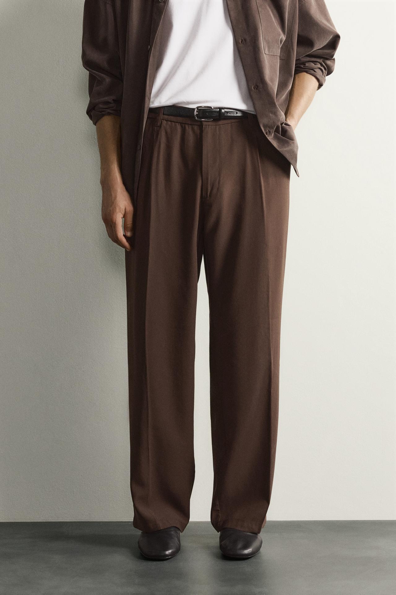 FLOWY RELAXED FIT PLEATED PANTS — Brown