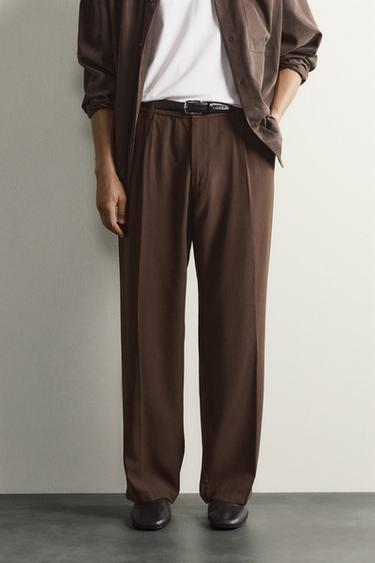FLOWY RELAXED FIT PLEATED PANTS — Brown 2