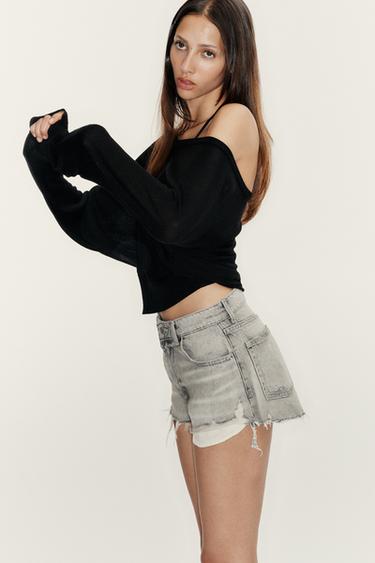 SHORTS DENIM TRF SHTRAT I LARTË ME GRISJE - Gri e hapur nga Zara