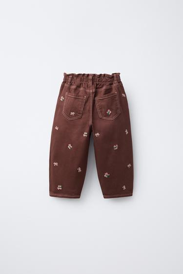 PANTALON BAGGY SERGÉ FLEURS BRODÉES - Grenat de Zara - Image 1