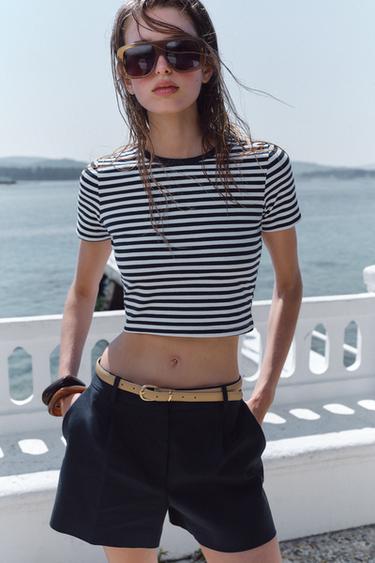 CROPPED STRETCH T-SHIRT - Blue/White by Zara