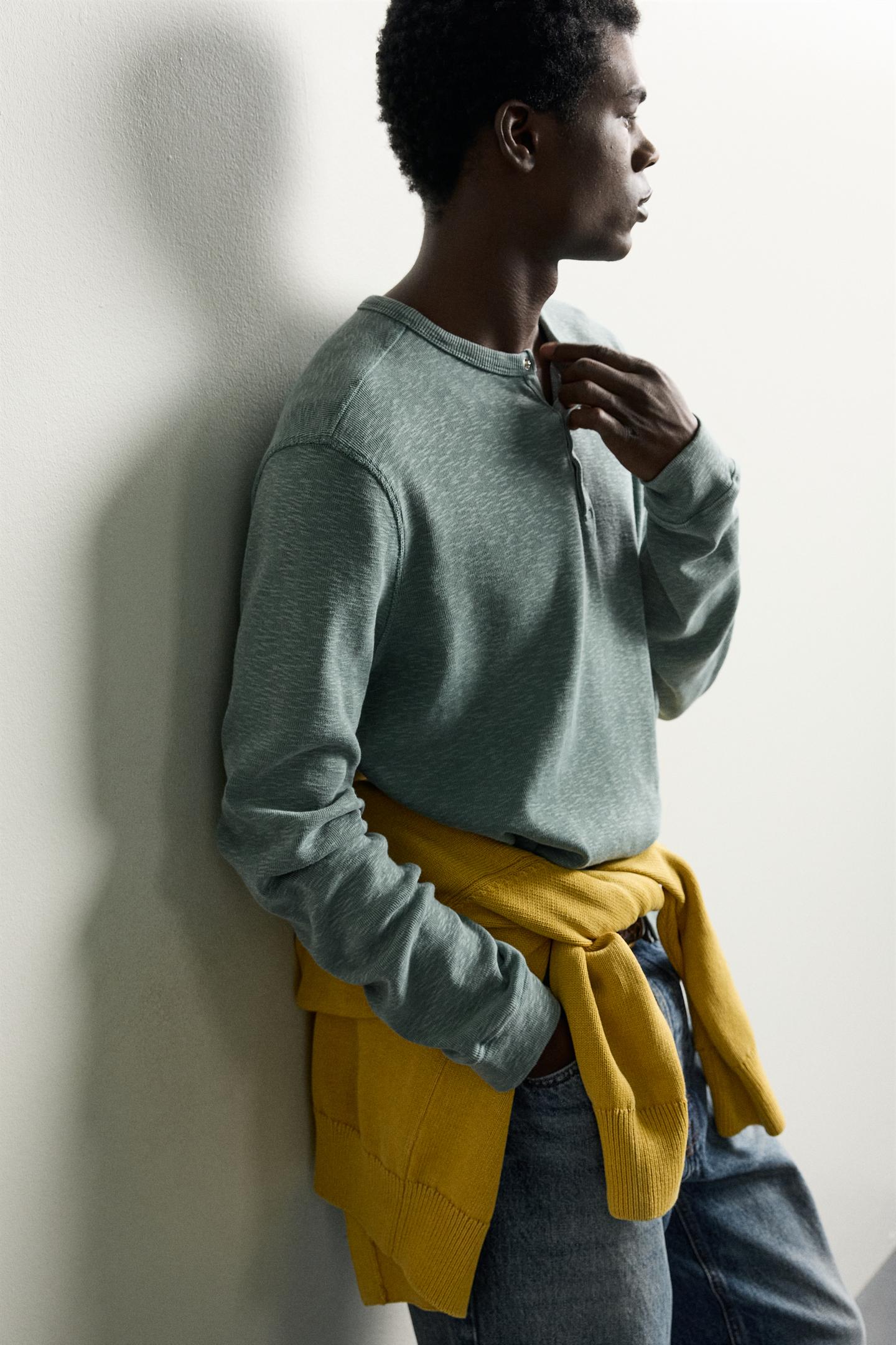 Мужская футболка Zara Relaxed Fit Henley, цвет: Светлый синий — фото 6