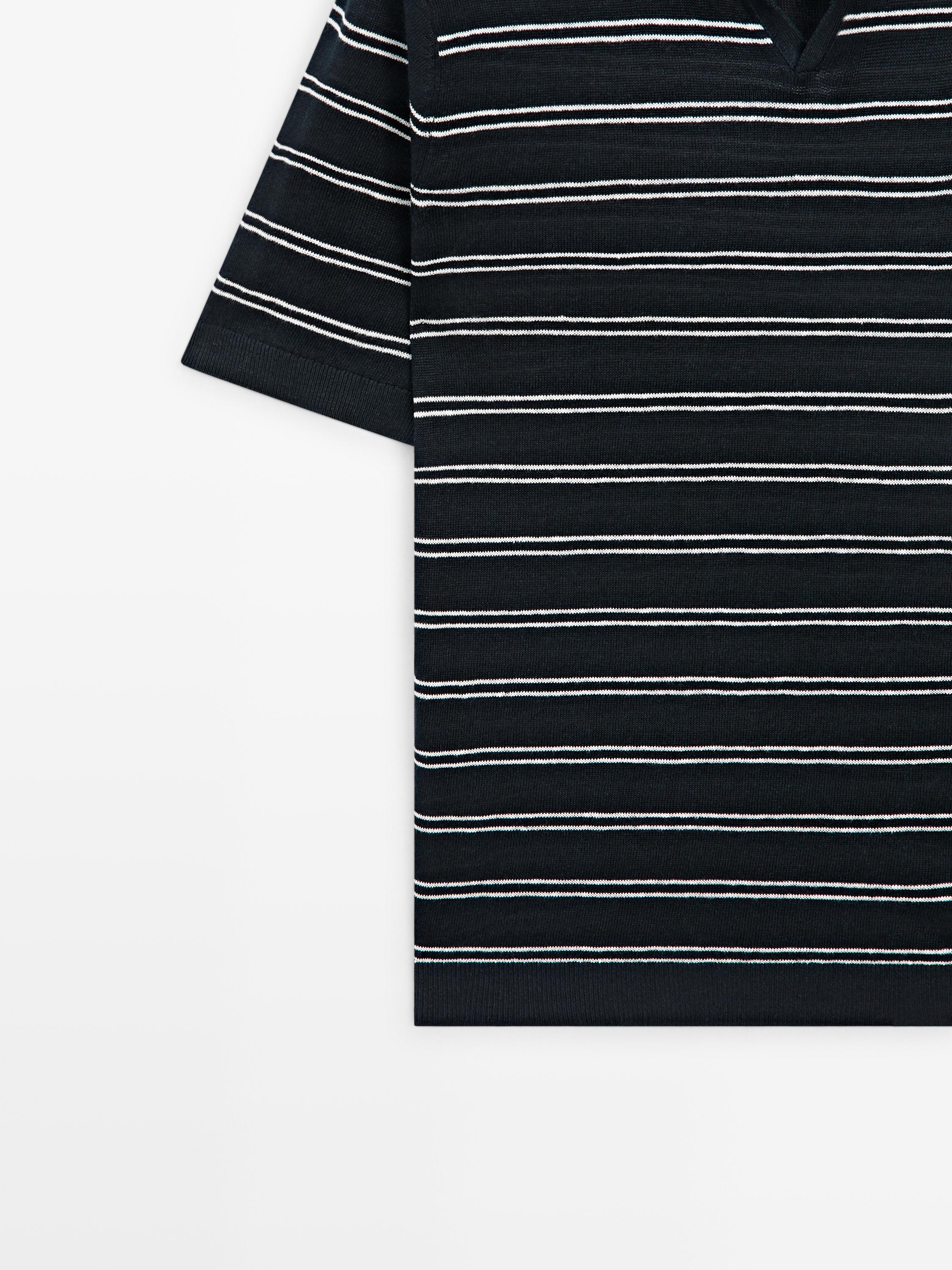 Striped 100% linen V-neck polo shirt