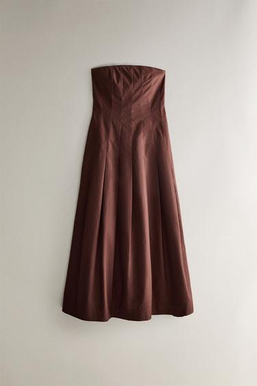 LONG POPLIN STRAPLESS DRESS - Brown by Zara - Image 0