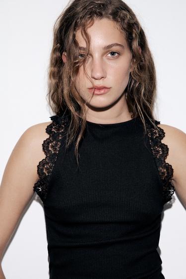 LACE RIB TOP - Black by Zara