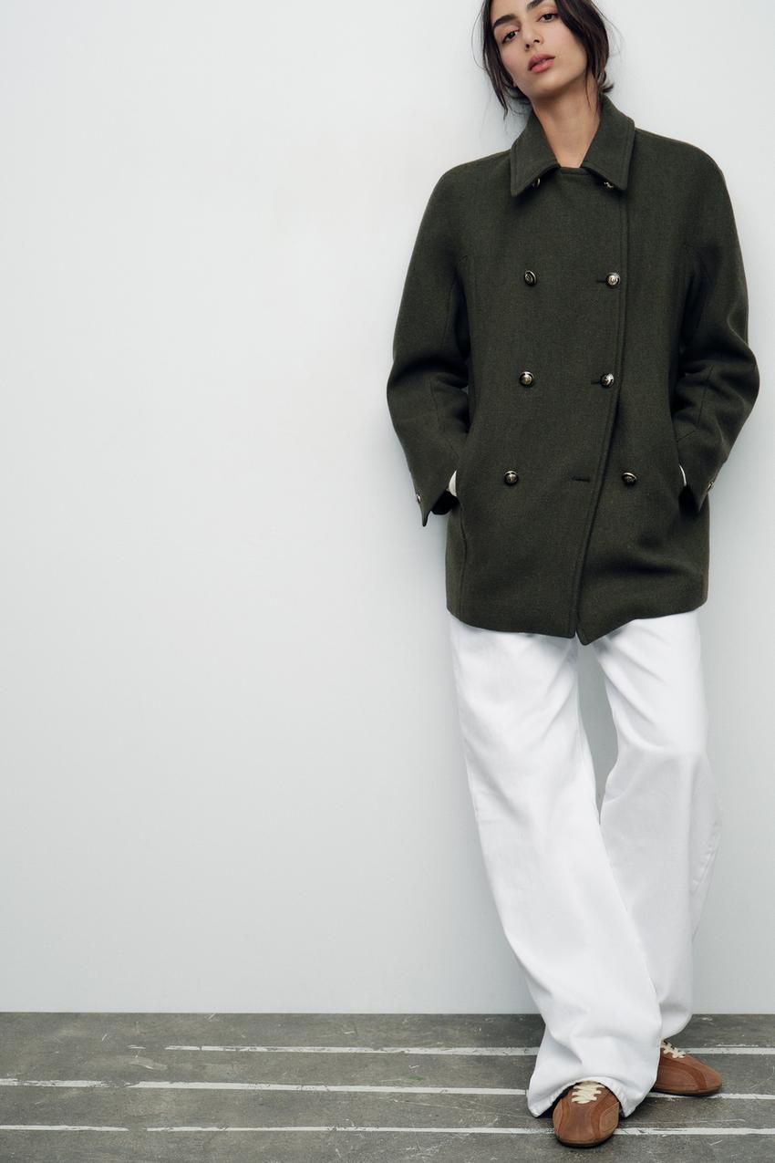 クロップド ダブルブレスト ウールブレンドコート - カーキ | ZARA 