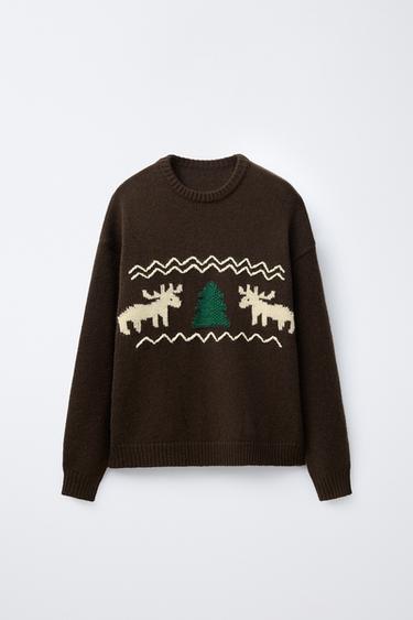 KNIT JUMPER WITH EMBROIDERED REINDEER - Brown by Zara
