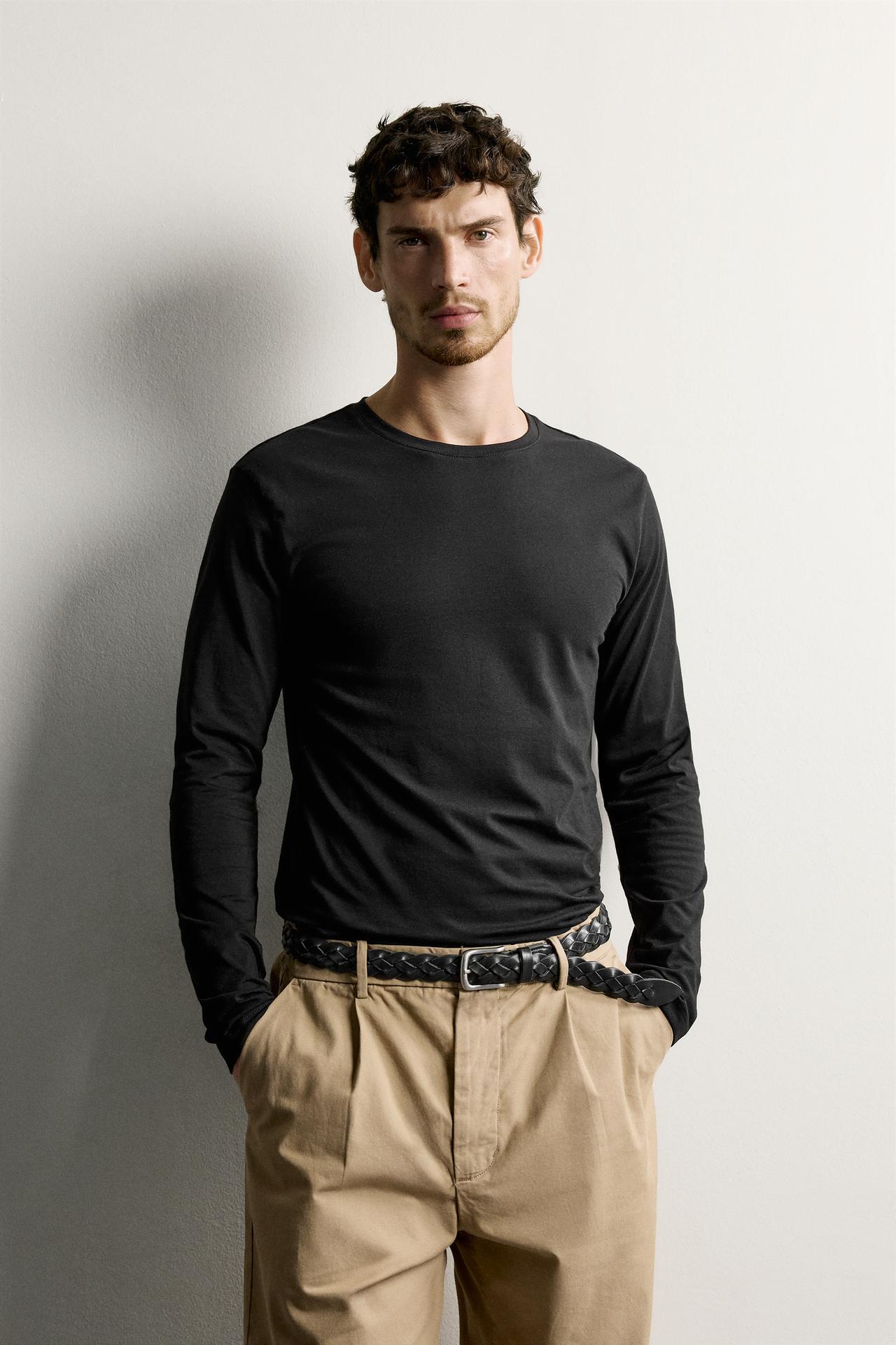 3-PACK SLIM FIT LONG SLEEVE BASIC T-SHIRTS — Black