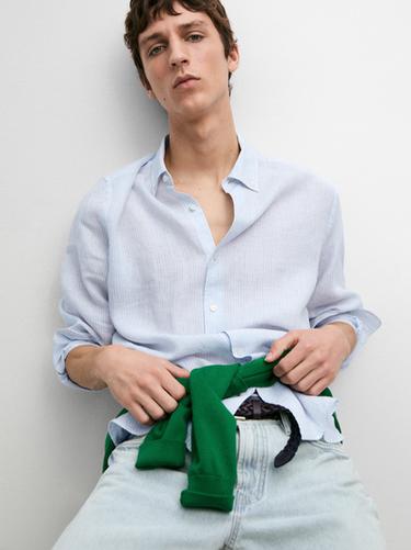 Zara Regular fit 100% linen striped shirt - Green stripe