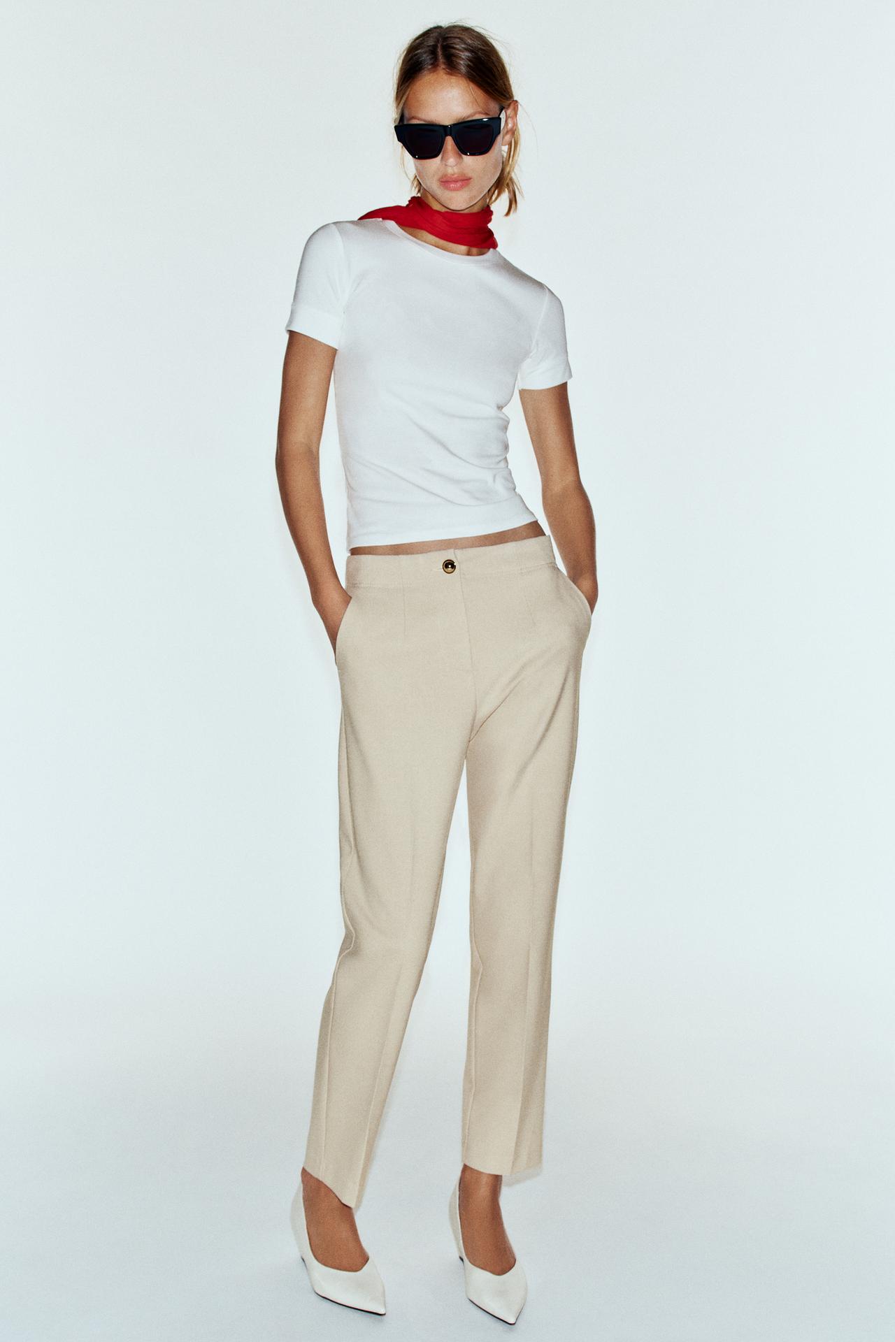 HIGH-WAISTED ANKLE-LENGTH PANTS — Beige