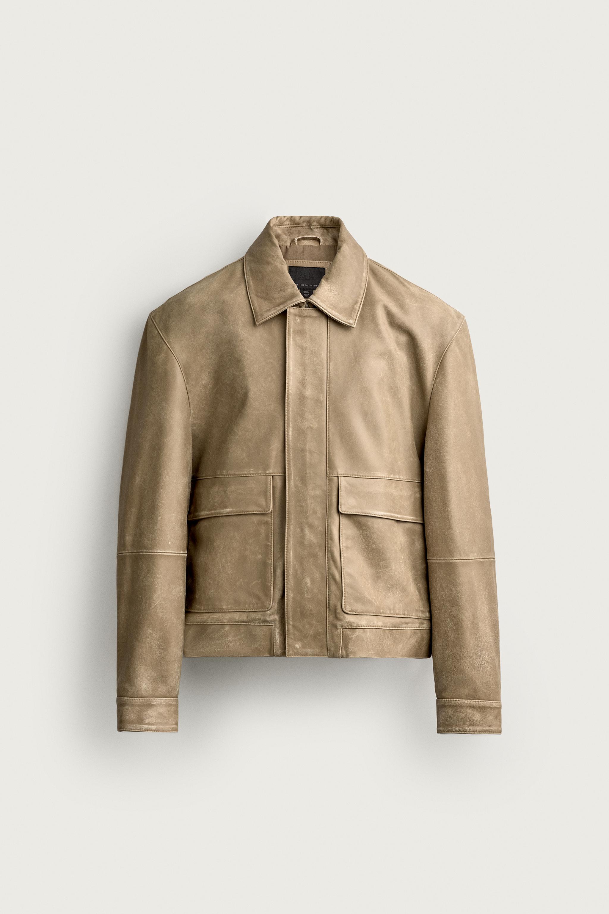 WASHED EFFECT LEATHER JACKET — Beige
