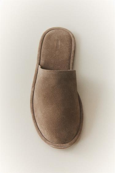 LEATHER MULE SLIPPERS - Taupe Grey by Zara