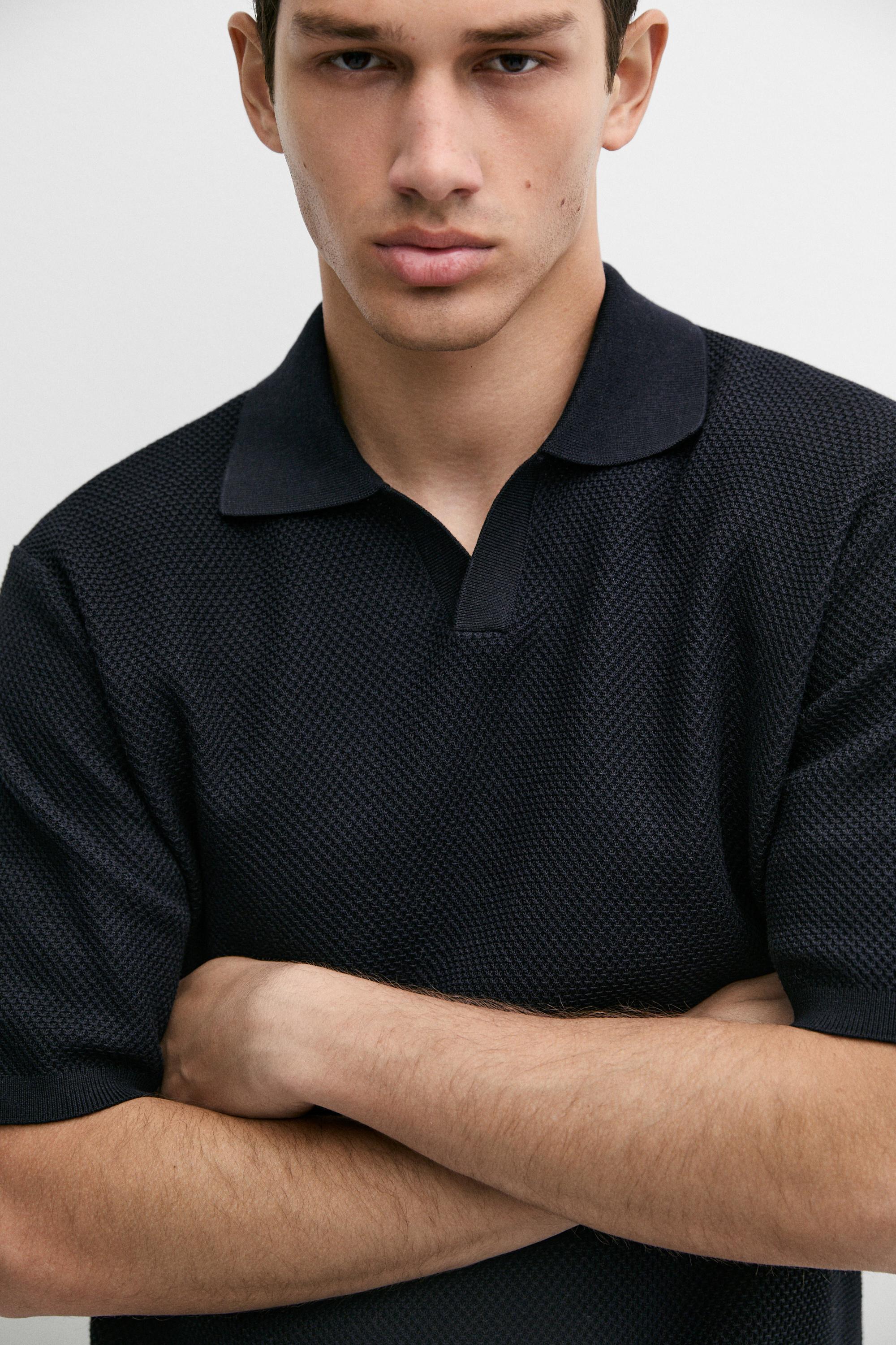 Cotton blend knit V-neck polo shirt