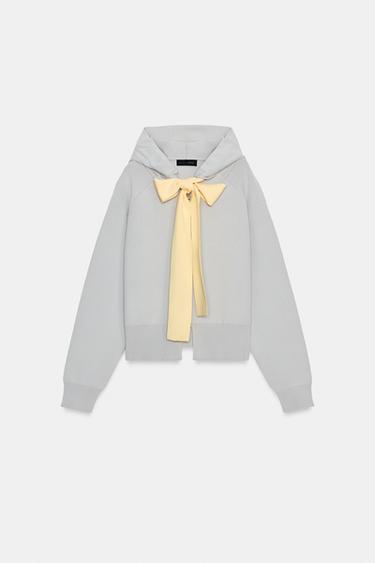 GILET EN MAILLE À CAPUCHE ET LIEN - Gris chiné de Zara