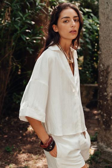 Zara WIDE SHORT SLEEVE SHIRT - Oyster-white