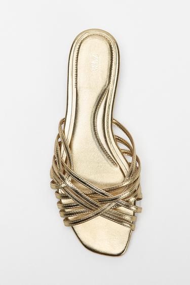 Zara METALLIC STRAPPY FLAT SANDALS - Gold