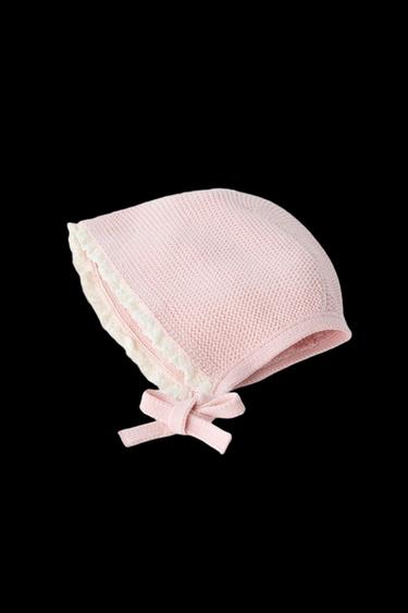Zara CONTRAST LACE KNIT BONNET - Pastel pink