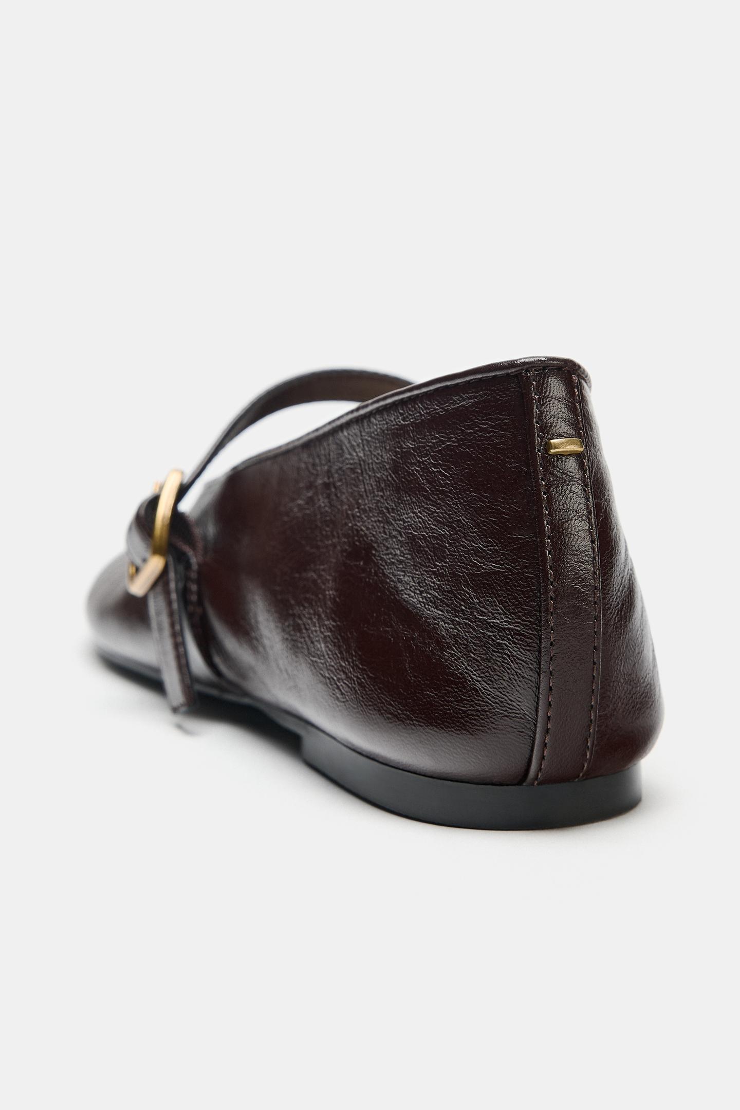 Балетки Zara Leather Buckle Ballet Flats, цвет: Шоколадный коричневый — фото 6