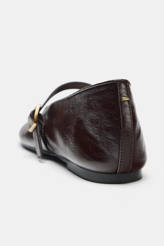 LEATHER BUCKLE BALLET FLATS - Chocolate Brown by Zara - Image 5