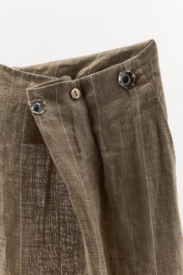Zara STRIPED LINEN BAGGY PANTS - Brown