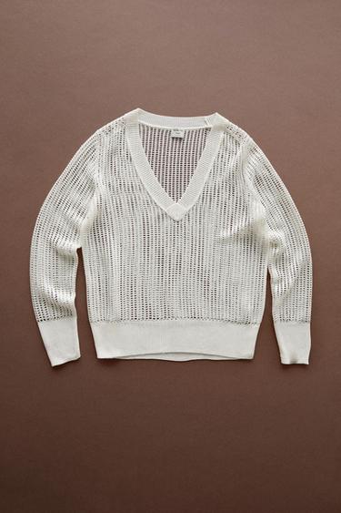 V-neck cutwork sweater - STUDIO — White 1