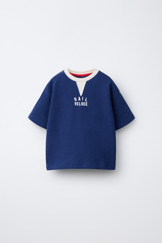 CAMISETA TEXTO BORDADO - Azul tinta de Zara - Imagen 0