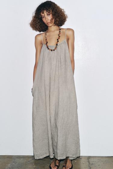 100% LINEN STRAPPY DRESS ZW COLLECTION - Grey by Zara - Image 1