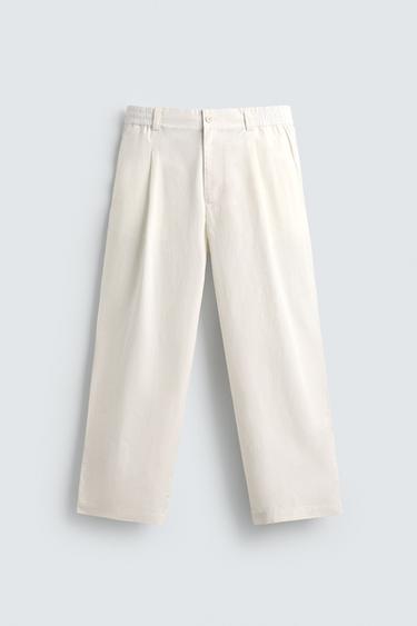 포플린 플리츠 팬츠 - Zara 크림