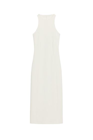 Front view of a white, sleeveless midi dress with a round neck and A-line silhouette. Concealed zip fastening at the back.