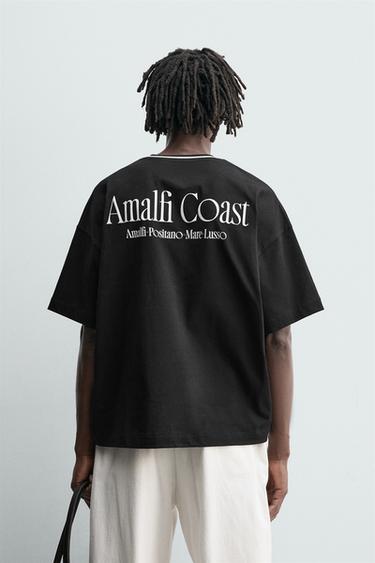 T-SHIRT WITH TEXTURED SLOGAN PRINT - Black by Zara - Image 2