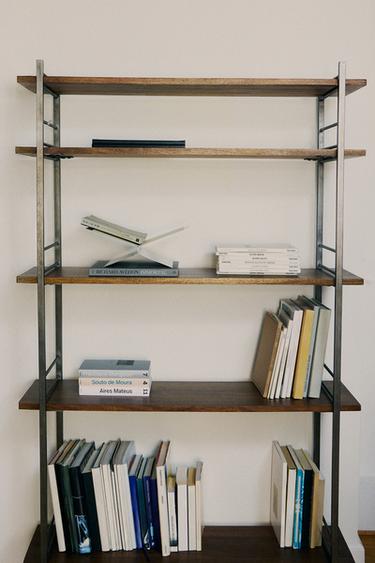 STAINLESS STEEL AND WOOD TALL SHELF UNIT — Brown 1