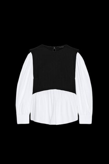 Zara COMBINATION POPLIN BLOUSE - Black - Image 0