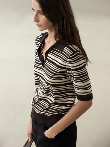 Zara 100% cotton striped knit polo shirt - Brown